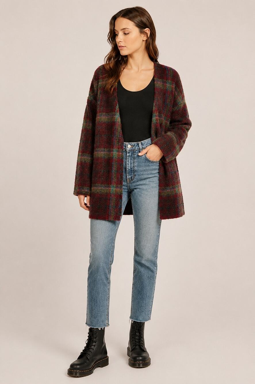 UNIF Nevermind Duster Cardigan Sweater Jacket Plaid Burgundy Green Size S